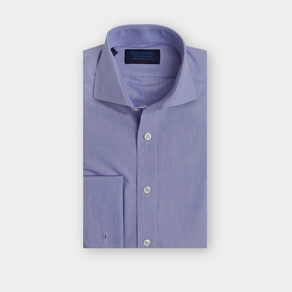 Plain Blue End-on-End Cotton Shirt with Cut-away Collar & Double Cuff | Hilditch & Key Plain Blue End-on-End Cotton Shirt with Cut-away Collar & Double Cuff | Hilditch & Key