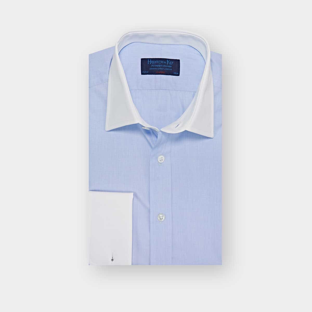 Plain Sky Blue End On End Cotton Shirt with Classic Collar Hilditch Key