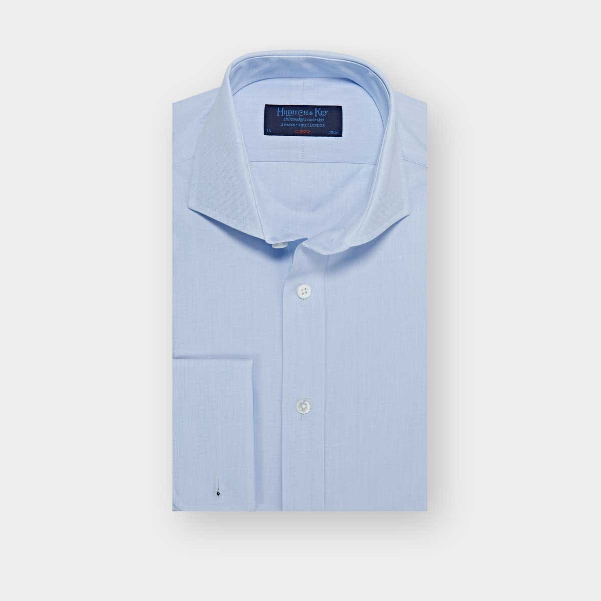 Plain Light Blue End-on-End Cotton Shirt with Cut-away Collar & Double Cuff | Hilditch & Key Plain Light Blue End-on-End Cotton Shirt with Cut-away Collar & Double Cuff | Hilditch & Key