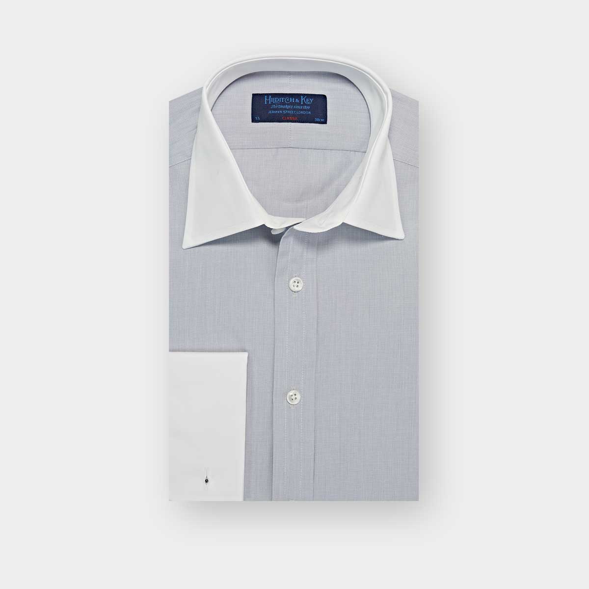 Plain Light Grey End-on-End Cotton Shirt with Classic Collar & Double Cuff | Hilditch & Key Plain Light Grey End-on-End Cotton Shirt with Classic Collar & Double Cuff | Hilditch & Key