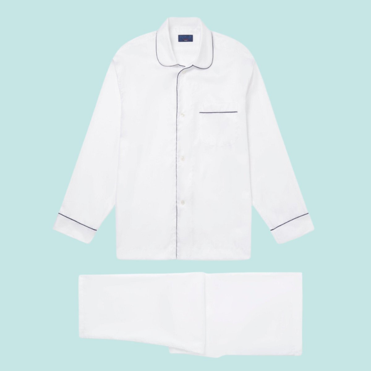 White Herringbone Cotton Pyjamas With Navy Piping Hilditch Key