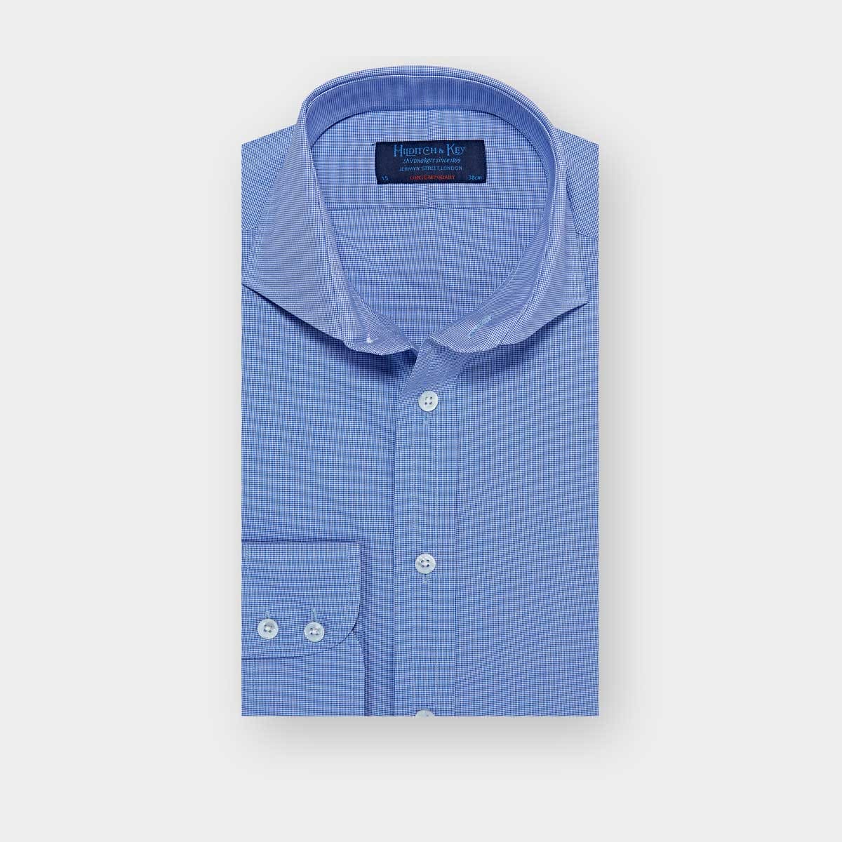 Contemporary Fit Micro Houndstooth Check Cotton Shirt Cut away Collar & Two Button Cuff