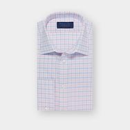 Contemporary Fit Blue & Pink Overcheck Cotton Shirt with Classic Collar & Double Cuff