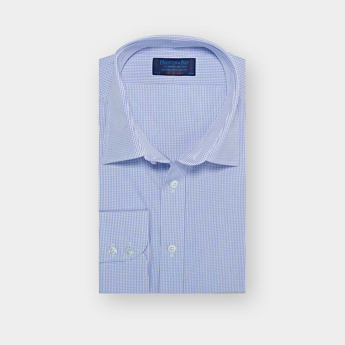 Contemporary Fit Blue & Check Cotton Shirt Classic Collar & Two Button Cuff