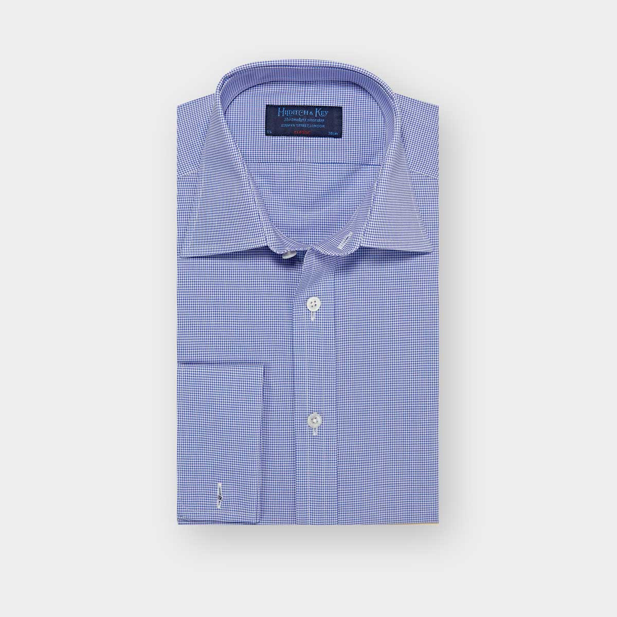 Classic Fit Mid Blue & Shepherds Check Cotton Poplin Shirt Classic Collar & Double Cuff
