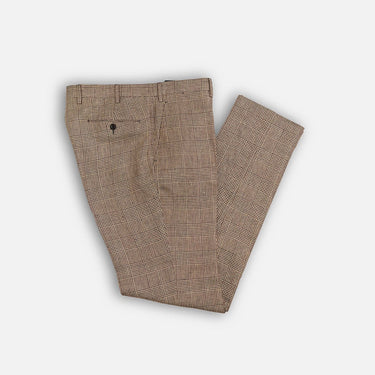 Beige Prince of Wales Check Linen Trousers