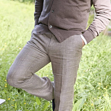 Beige Prince of Wales Check Linen Trousers