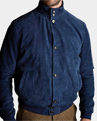 Blue Real Leather Suede Deck Bomber Jacket