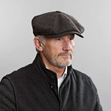 Brown & Blue Prince of Wales Check Wool & Cashmere Gatsby Cap