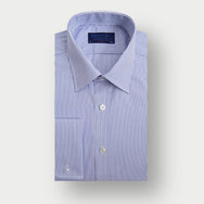 Classic Fit Blue Fine Bengal Stripe Cotton Shirt with Classic Collar & Double Cuff