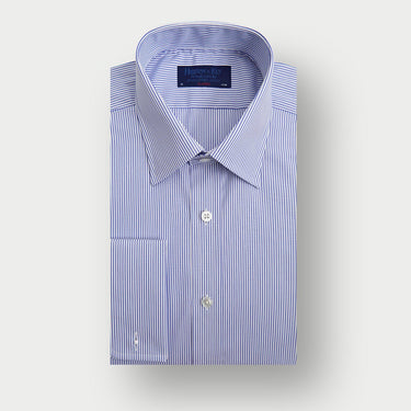 Classic Fit Blue Fine Bengal Stripe Cotton Shirt with Classic Collar & Double Cuff