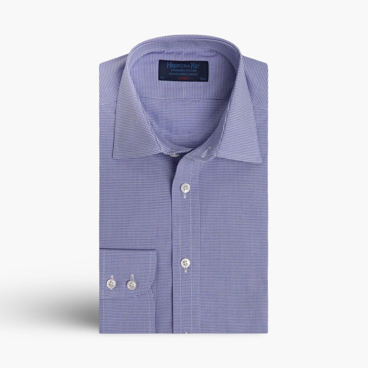 Classic Fit Blue & Shepherds Check Cotton Shirt Classic Collar & Two Button Cuff