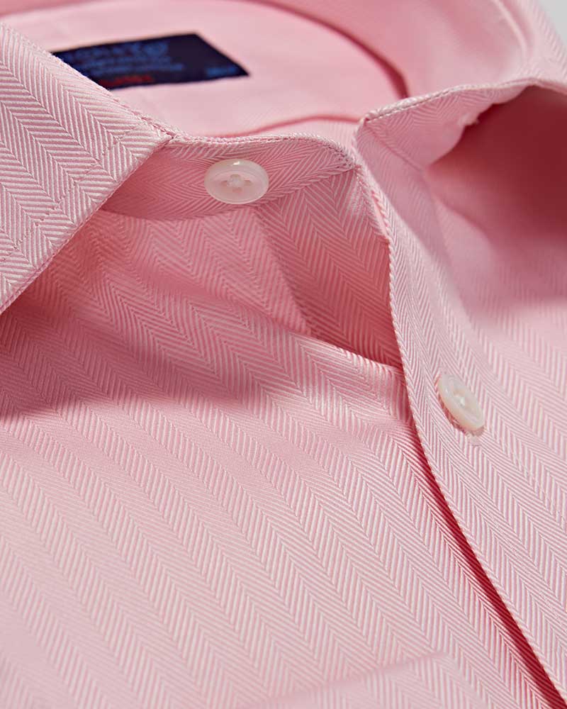 Pink Herringbone Cotton Shirt with Classic Collar Double Cuff