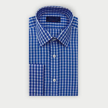 Classic Fit Dark Blue & White Wide Check Cotton Shirt with Classic Collar & Double Cuff