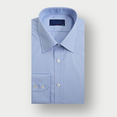 Classic Fit Light Blue Micro Houndstooth Cotton Shirt with Classic Collar & Two Button Cuff