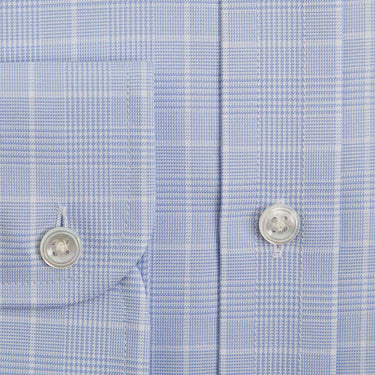 Classic Fit Light Blue Prince of Wales Check Cotton Shirt with Classic Collar & Two Button Cuff