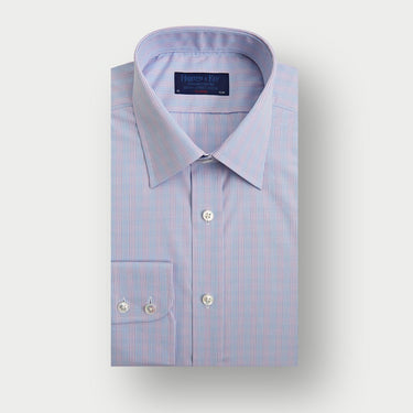 Classic Fit Lilac & Blue Overcheck Cotton Shirt with Classic Collar & Two Button Cuff