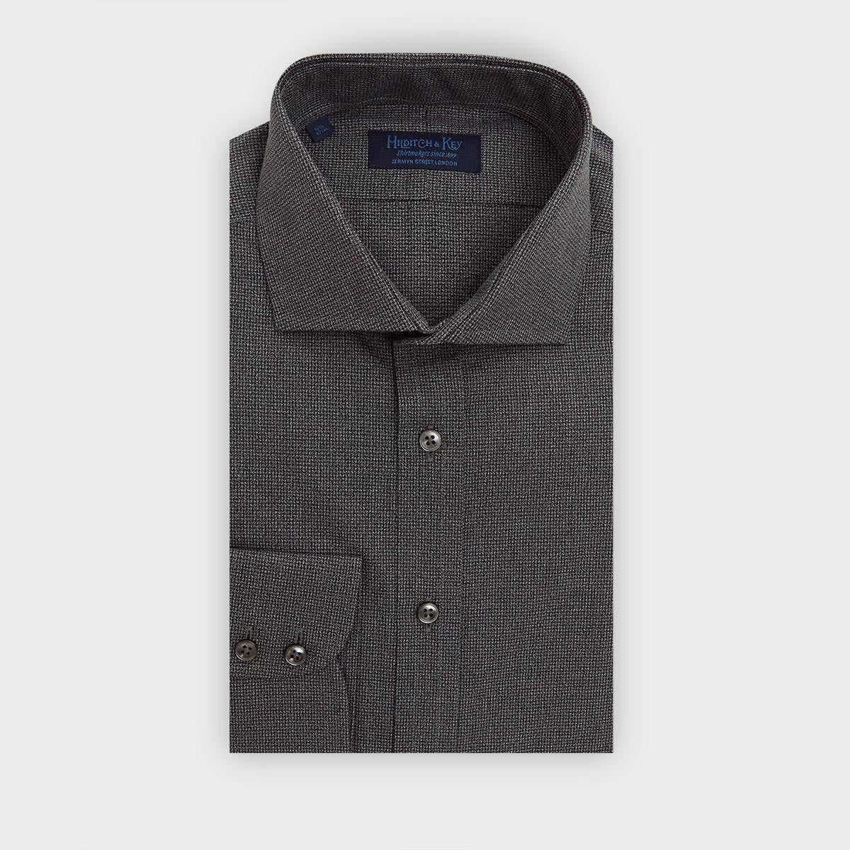Contemporary Fit Black Houndstooth Cotton Shirt with Cut-away Collar & Two Button Cuff