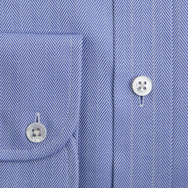 Contemporary Fit Blue Herringbone Cotton Shirt with Classic Collar & Two Button Cuff