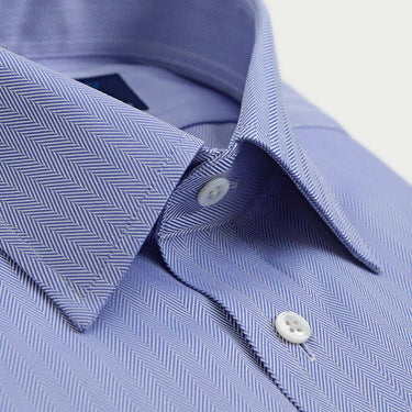 Contemporary Fit Blue Herringbone Cotton Shirt with Classic Collar & Two Button Cuff