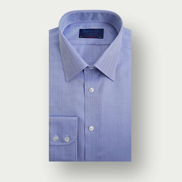 Contemporary Fit Blue Herringbone Cotton Shirt with Classic Collar & Two Button Cuff