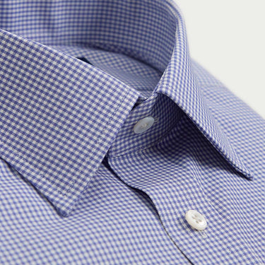 Contemporary Fit Blue Houndstooth Check Cotton Shirt with Classic Collar & Two Button Cuff