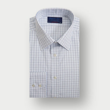 Contemporary Fit Blue & Navy Check Cotton Shirt with Classic Collar & Two Button Cuff