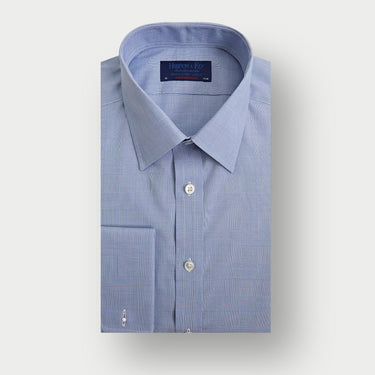 Contemporary Fit Blue Prince of Wales Check Cotton Shirt with Classic Collar & Double Cuff