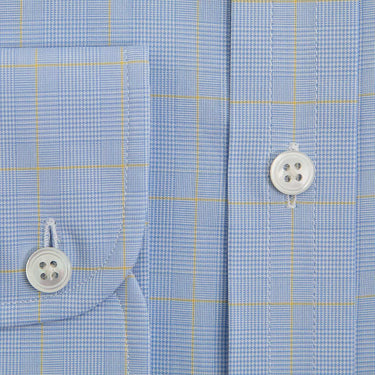 Contemporary Fit Blue & Yellow Prince of Wales Check Cotton Shirt with Classic Collar & Two Button Cuff