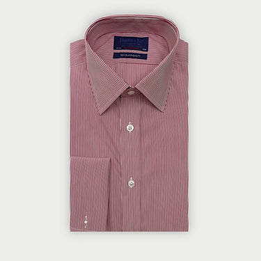 Contemporary Fit Burgundy Fine Bengal Stripe Sea Island Quality Cotton Shirt with Classic Collar & Double Cuff
