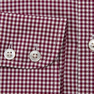 Contemporary Fit Burgundy Gingham Check Oxford Cotton Shirt with Cut - Away Collar & Two Button Cuff
