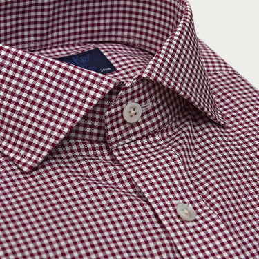 Contemporary Fit Burgundy Gingham Check Oxford Cotton Shirt with Cut - Away Collar & Two Button Cuff