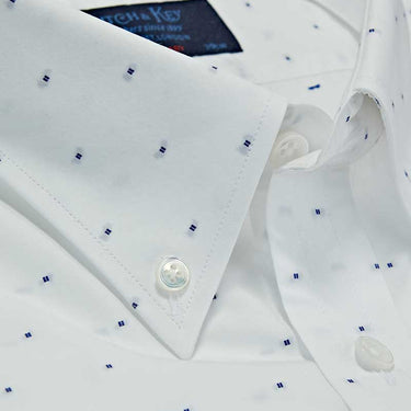 Contemporary Fit Button Down Collar 2 Button Cuff Shirt In White With Small Blue Square