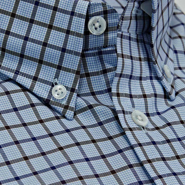 Contemporary Fit, Button Down Collar, Two Button Cuff Shirt In Blue & White With Brown & Navy Overcheck