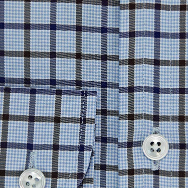 Contemporary Fit, Button Down Collar, Two Button Cuff Shirt In Blue & White With Brown & Navy Overcheck