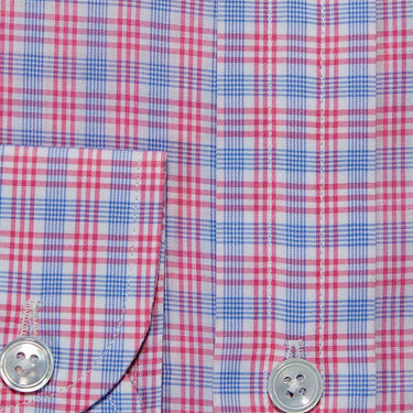 Contemporary Fit, Button Down Collar, Two Button Cuff Shirt In Blue With Pink Overcheck