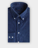 Contemporary Fit Dark Blue Fine Corduroy Shirt with Button Down Collar & Two Button Cuff