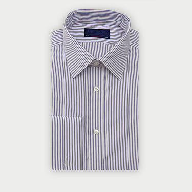 Contemporary Fit Dark Blue Pinstripe Cotton Shirt with Classic Collar & Double Cuff