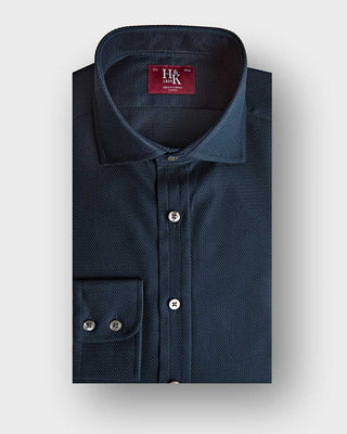 Contemporary Fit Honeycomb Navy Cotton Shirt with Cut - Away Collar & Two Button Cuff