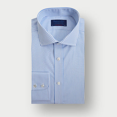 Contemporary Fit Light Blue Bengal Stripe Cotton Shirt with Cut - Away Collar & Two Button Cuff