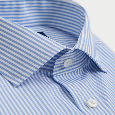 Contemporary Fit Light Blue Bengal Stripe Cotton Shirt with Cut - Away Collar & Two Button Cuff