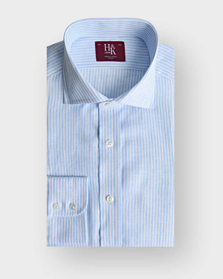 Contemporary Fit Light Blue Bengal Stripe Linen Shirt with Cut - Away Collar & Two Button Cuff