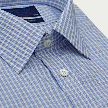 Contemporary Fit Light Blue Double Check Sea Island Quality Cotton Shirt with Classic Collar & Double Cuff