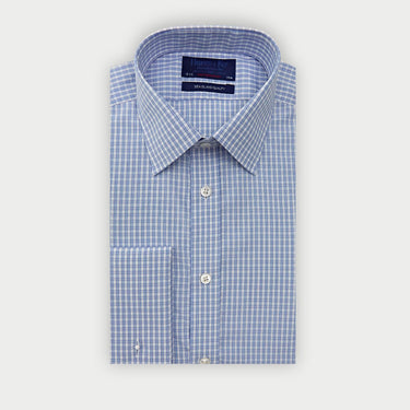 Contemporary Fit Light Blue Double Check Sea Island Quality Cotton Shirt with Classic Collar & Double Cuff