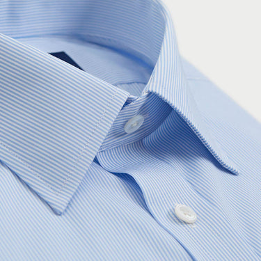 Contemporary Fit Light Blue Fine Bengal Stripe Cotton Shirt with Classic Collar & Two Button Cuff