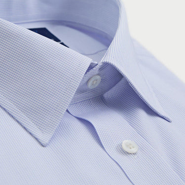 Contemporary Fit Light Blue Fine Check Sea Island Quality Cotton Shirt with Classic Collar & Two Button Cuff