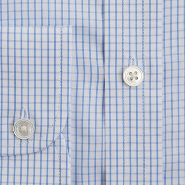 Contemporary Fit Light Blue Grid Check Cotton Shirt with Classic Collar & Two Button Cuff