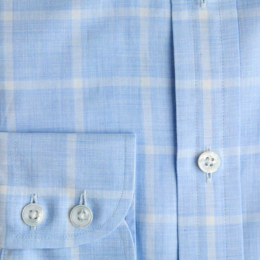 Contemporary Fit Light Blue Large Check Brushed Cotton Shirt with Button Down Collar & Two Button Cuff