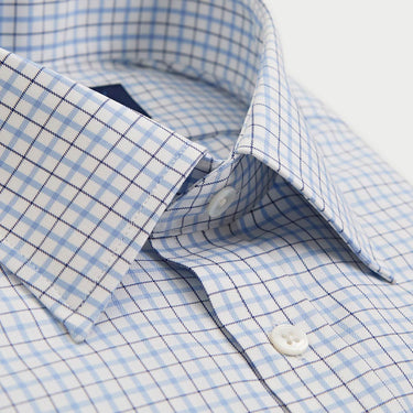 Contemporary Fit Light Blue & Navy Check Cotton Twill Shirt with Classic Collar & Two Button Cuff
