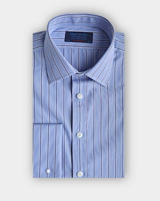 Contemporary Fit Light Blue & Navy Fine Stripe Cotton Shirt with Classic Collar & Double Cuff